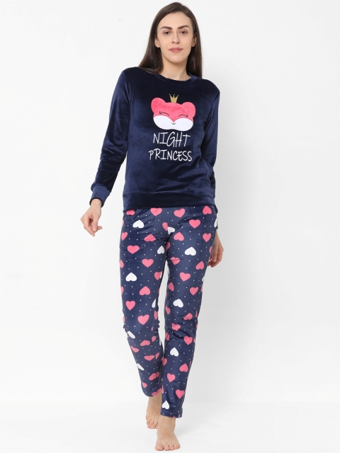 

Sweet Dreams Women Navy Blue & Pink Printed Night suit