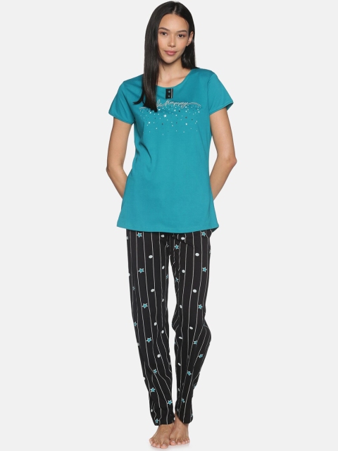 

Charak Women Turquoise Blue & Black Printed Pure Cotton Night suit