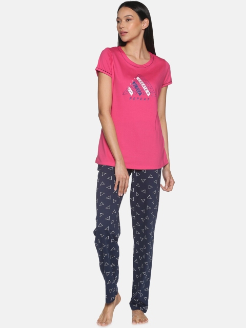 

Charak Women Pink & Navy Blue Printed Pure Cotton Night suit