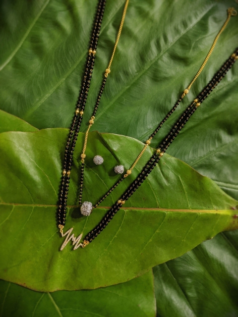 

Digital Dress Room Set of 2 Gold Plated Beaded Mangalsutras with Earrings, Black