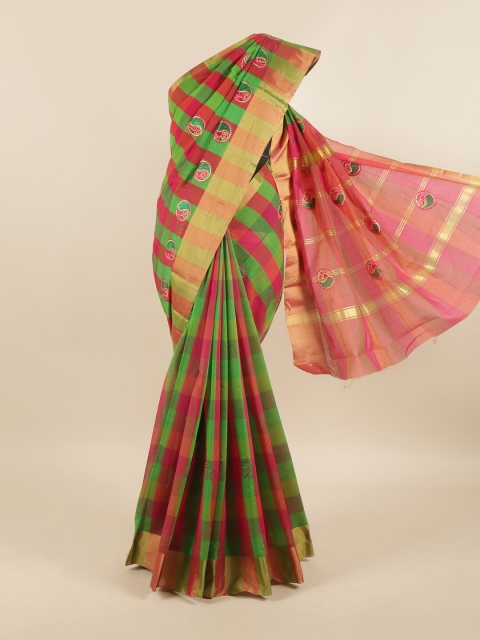 

Pothys Green & Pink Checked Silk Cotton Saree