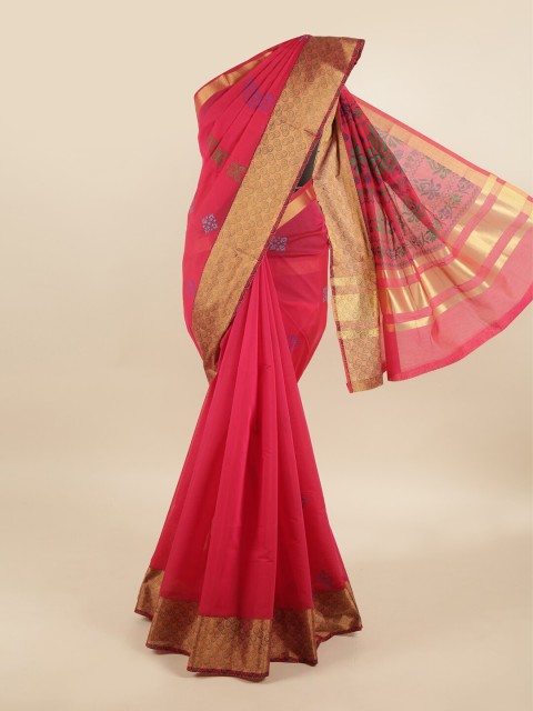 

Pothys Magenta & Gold-Toned Floral Silk Cotton Saree