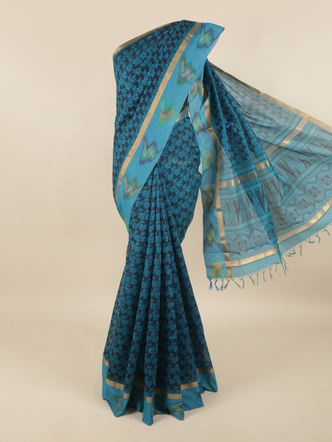 

Pothys Blue & Gold-Toned Floral Printed Zari Silk Cotton Saree