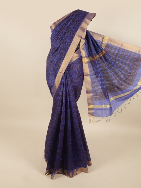 

Pothys Blue & Gold-Toned Printed Zari Silk Cotton Saree