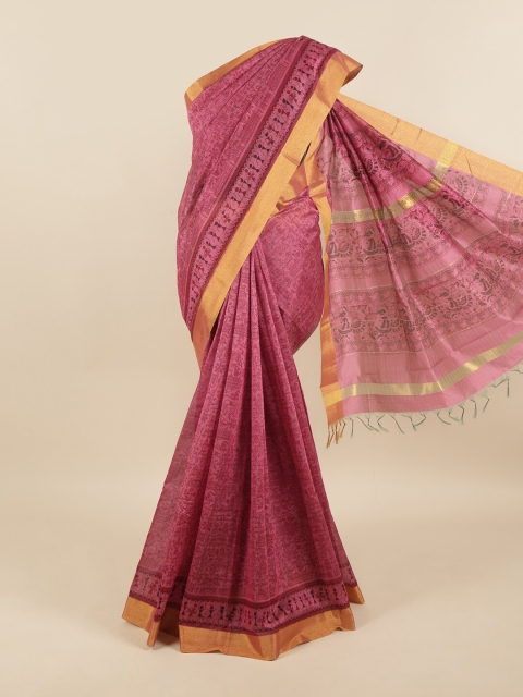 

Pothys Coral & Black Warli Printed Zari Silk Cotton Saree