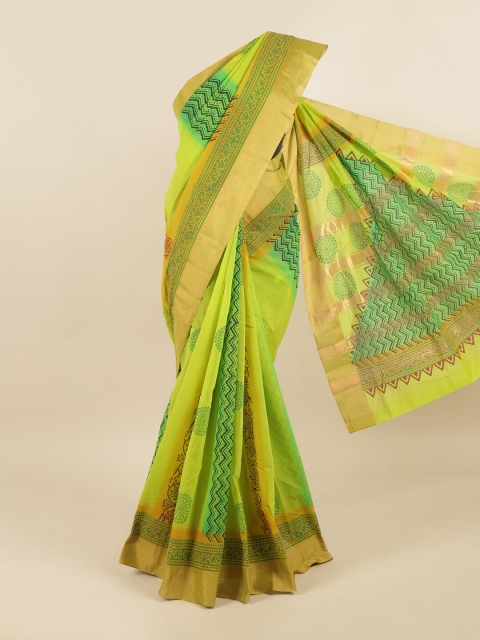 

Pothys Green & Gold-Toned Ethnic Motifs Silk Cotton Saree
