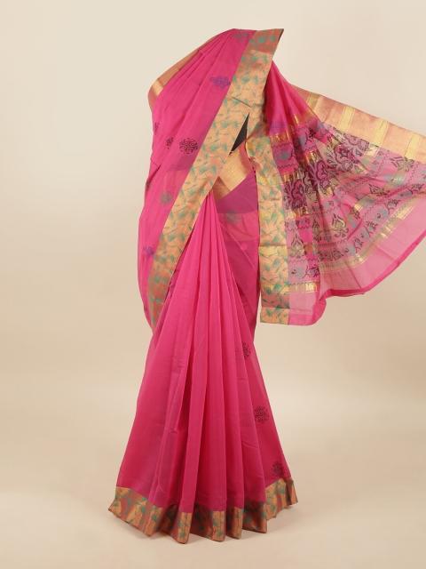 

Pothys Pink & Gold-Toned Floral Printed Zari Silk Cotton Saree
