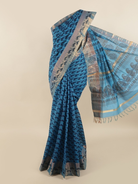 

Pothys Blue & Gold-Toned Floral Printed Silk Cotton Saree
