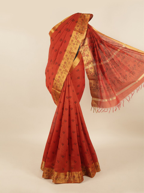 

Pothys Rust & Gold-Toned Floral Printed Silk Cotton Saree