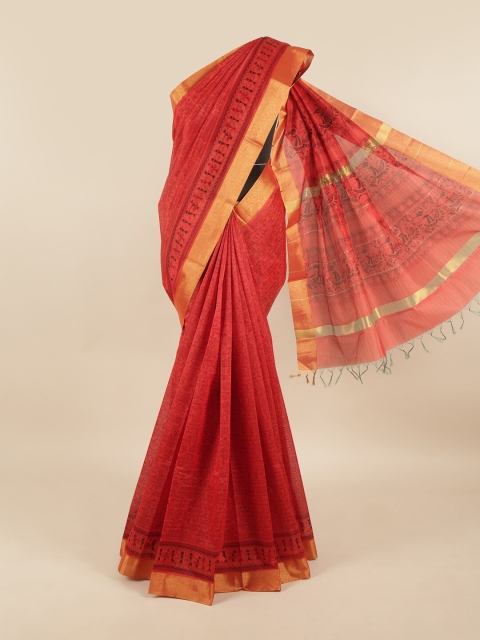 

Pothys Red & Gold-Toned Ethnic Motifs Silk Cotton Saree