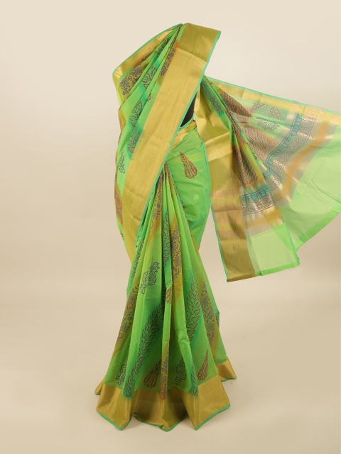 

Pothys Green & Gold-Toned Ethnic Motifs Zari Silk Cotton Saree