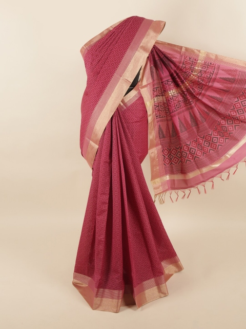 

Pothys Pink & Gold-Toned Silk Cotton Saree