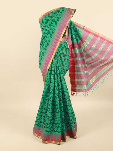 

Pothys Green & Pink Printed Silk Cotton Saree