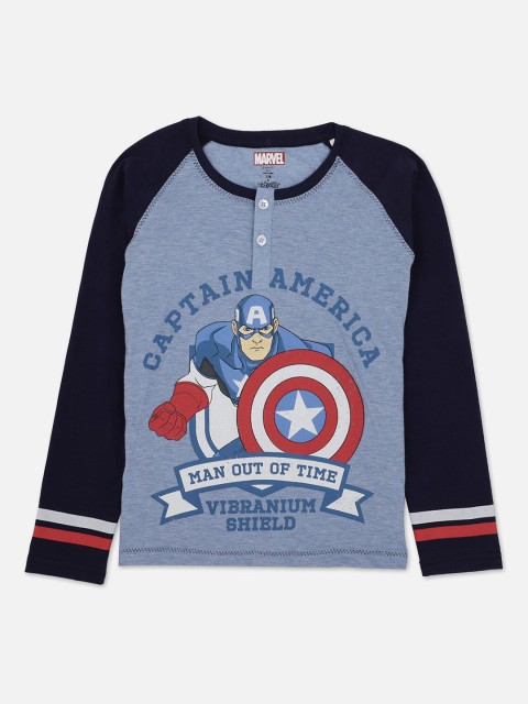 

Kids Ville Boys Blue Captain America Typography Printed Henley Neck T-shirt