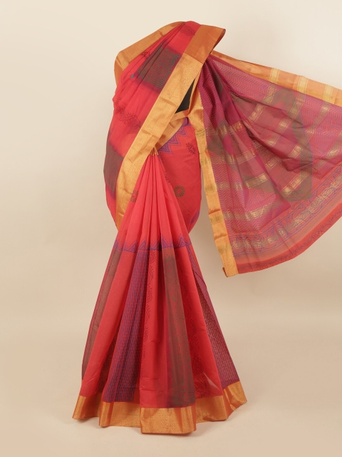 

Pothys Red & Purple Ethnic Motifs Zari Silk Cotton Saree