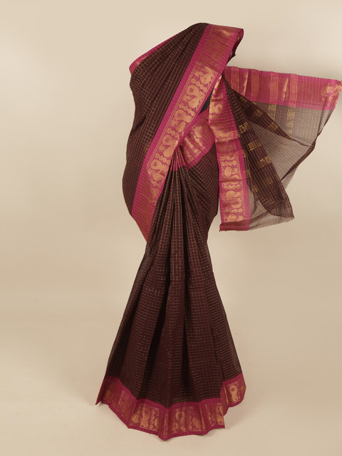 

Pothys Brown & Pink Checked Zari Pure Cotton Saree
