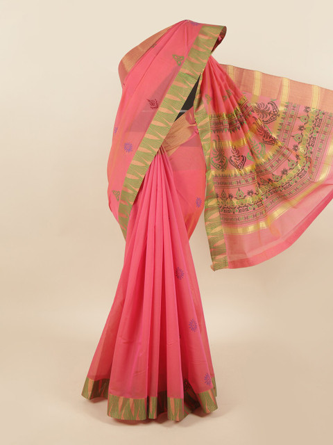 

Pothys Peach-Coloured & Green Ethnic Motifs Silk Cotton Saree