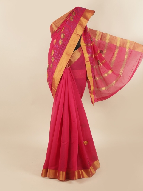 

Pothys Magenta & Gold-Toned Floral Silk Cotton Saree