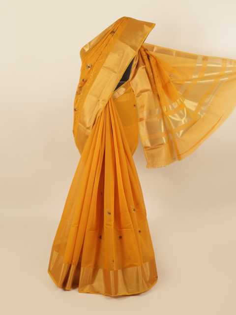 

Pothys Mustard & Gold-Toned Floral Zari Silk Cotton Saree