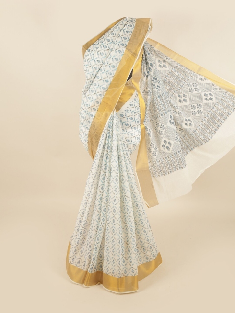 

Pothys White & Grey Floral Pure Cotton Saree