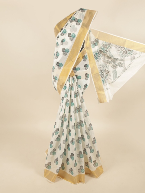 

Pothys White & Teal Floral Pure Cotton Saree
