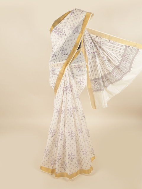 

Pothys White & Gold-Toned Floral Printed Zari Pure Cotton Saree