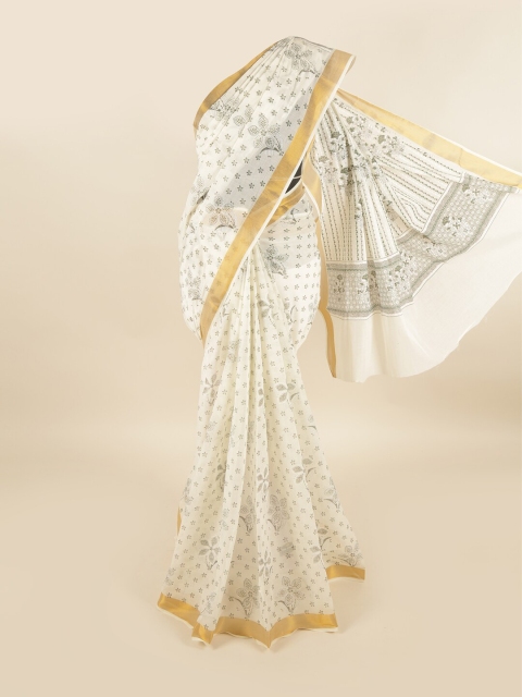 

Pothys White & Gold-Toned Floral Printed Zari Pure Cotton Saree