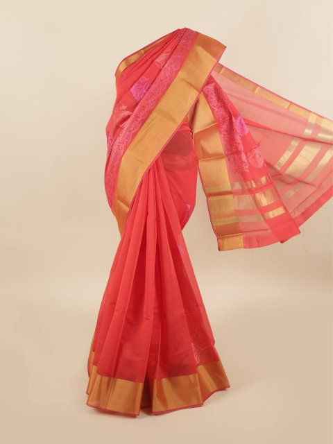 

Pothys Pink & Gold-Toned Floral Silk Cotton Saree