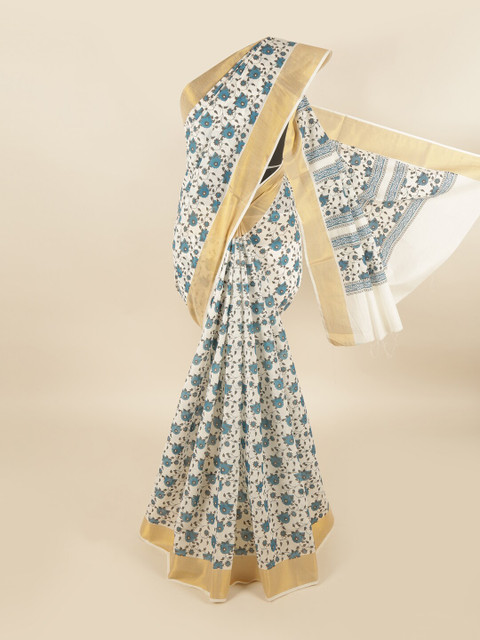 

Pothys White & Blue Floral Zari Pure Cotton Saree