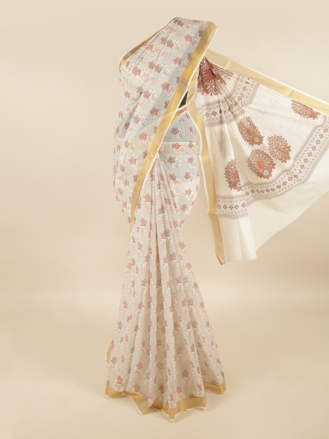 

Pothys White & Brown Floral Pure Cotton Saree