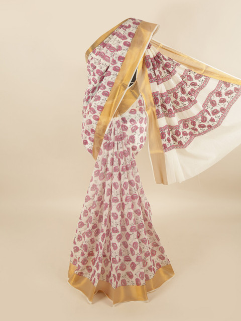 

Pothys White & Pink Floral Pure Cotton Saree