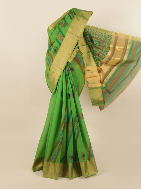 

Pothys Green & Gold-Toned Floral Silk Cotton Saree
