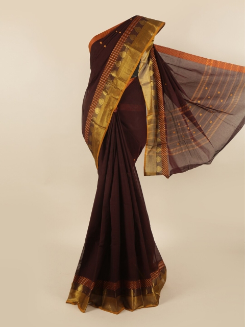 

Pothys Burgundy & Gold-Toned Floral Printed Zari Pure Cotton Saree