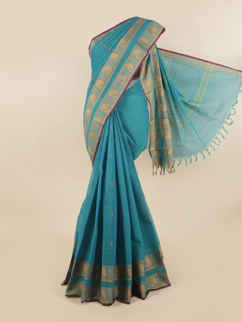 

Pothys Blue & Gold-Toned Ethnic Motifs Zari Pure Cotton Saree