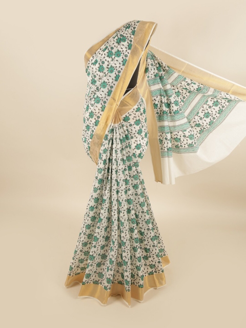 

Pothys White & Green Floral Zari Pure Cotton Saree
