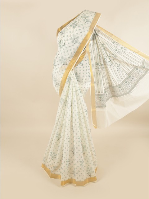 

Pothys White & Gold-Toned Floral Zari Pure Cotton Saree