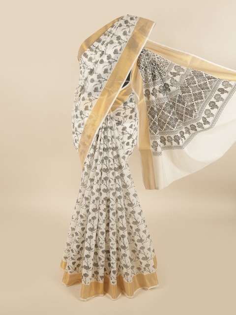 

Pothys White & Grey Floral Pure Cotton Saree