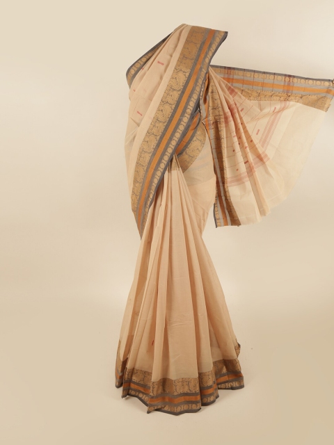 

Pothys Cream-Coloured & Gold-Toned Floral Zari Pure Cotton Saree