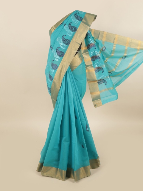 

Pothys Turquoise Blue & Gold Paisley Silk Cotton Saree