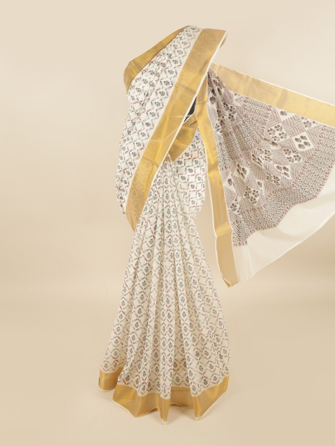 

Pothys White & Grey Floral Pure Cotton Saree