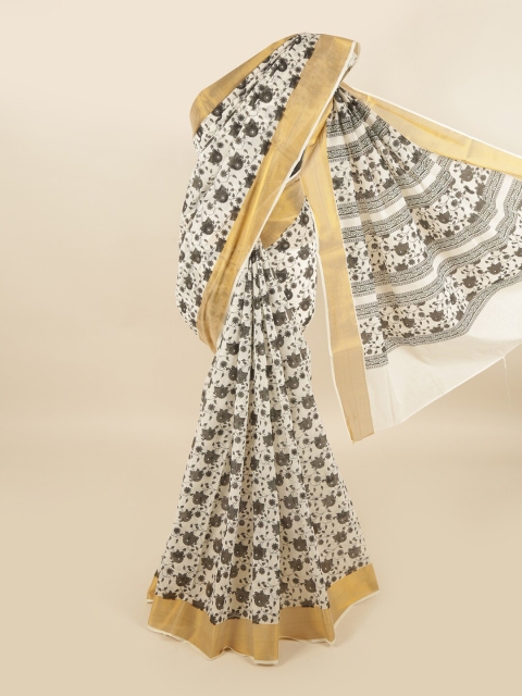 

Pothys White & Grey Floral Printed Zari Pure Cotton Saree