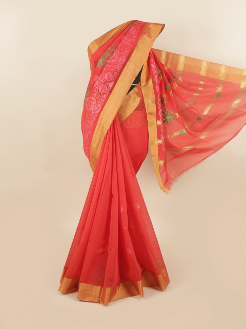 

Pothys Coral & Green Floral Silk Cotton Saree