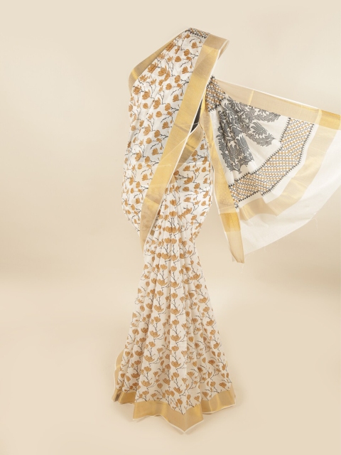

Pothys White & Brown Floral Zari Pure Cotton Saree