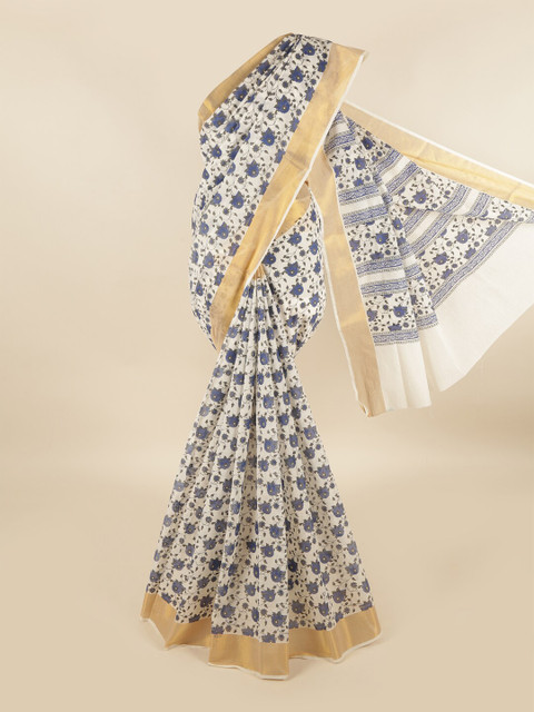 

Pothys White & Blue Floral Patchwork Pure Cotton Heavy Work Saree