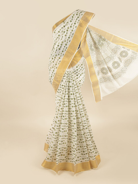 

Pothys White & Green Printed Zari Pure Cotton Saree