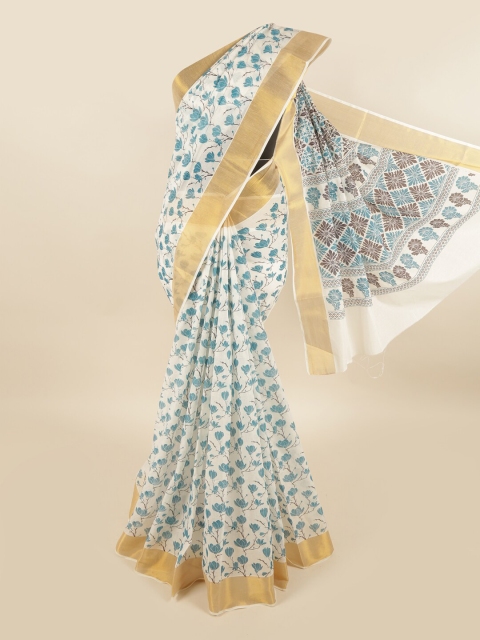 

Pothys White & Blue Floral Zari Pure Cotton Saree