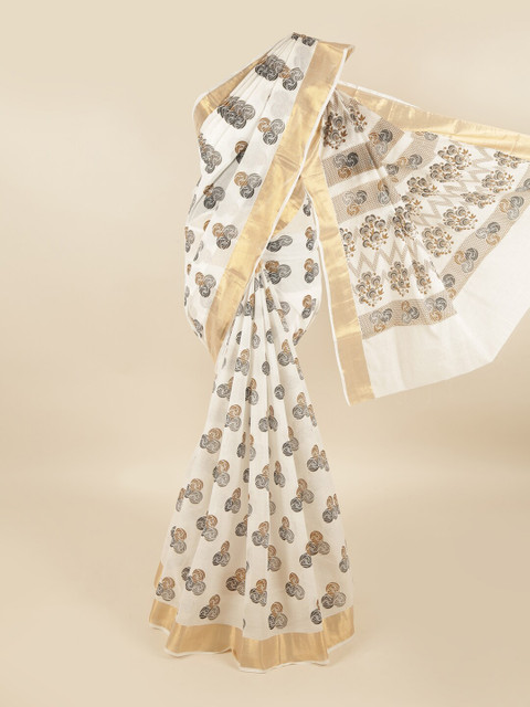 

Pothys White & Gold-Toned Floral Pure Cotton Saree