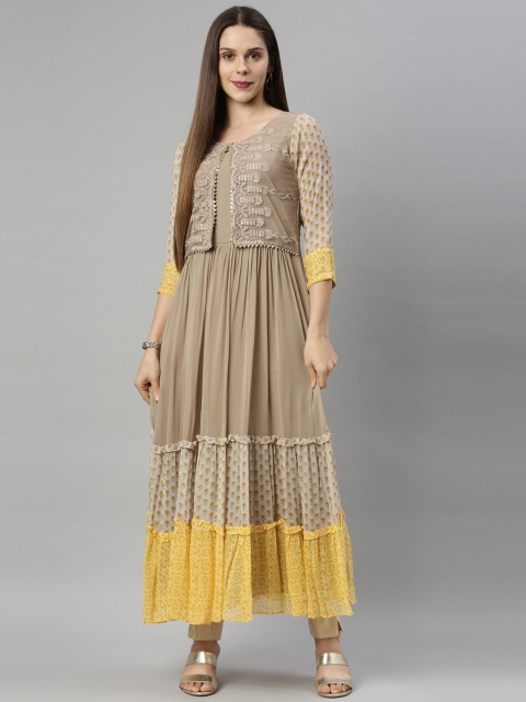 

Neerus Women Brown & Yellow Geometric Printed Flared Sleeves Thread Work Floral Georgette Anarkali Kurta