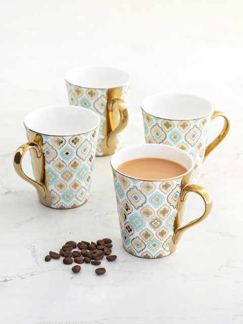 

Home Centre Set of 4 Gold-Toned & Blue Printed Ceramic Matte Mugs