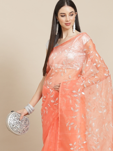 

Anouk Peach-Coloured & Silver-Toned Embellished Sequinned Organza Saree